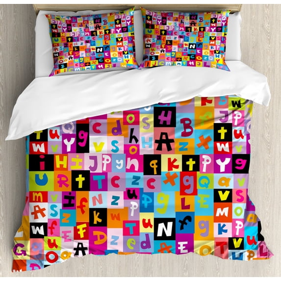 Abstract King Size Duvet Cover Set, Colored Alphabet Letters Pattern Education School Puzzle Children Graphic Print, Decorative 3 Piece Bedding Set with 2 Pillow Shams, Multicolor, by Ambesonne