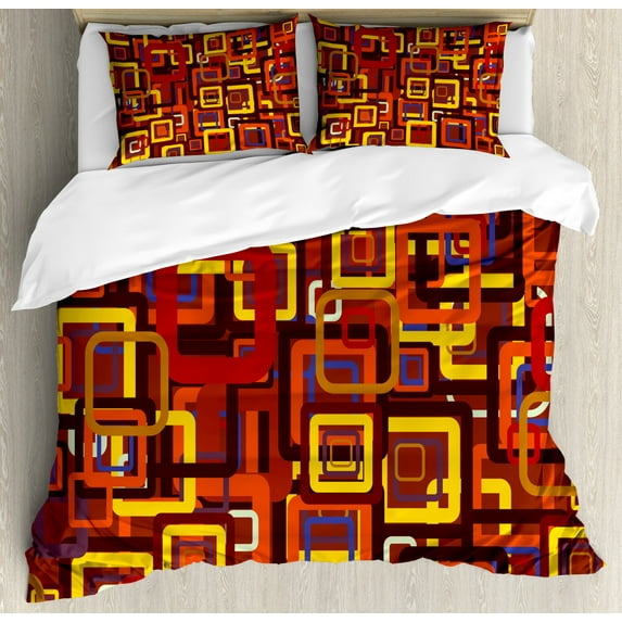 Abstract King Size Duvet Cover Set, Colorful Trippy Square Shaped Geometric Retro Textured Modern Artistic Graphic, Decorative 3 Piece Bedding Set with 2 Pillow Shams, Multicolor, by Ambesonne