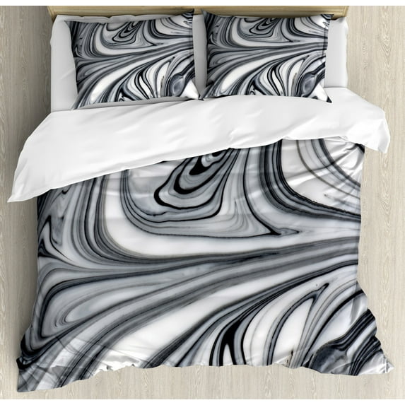 Abstract King Size Duvet Cover Set, Mix of White and Black Hallucinatory and Surreal Liquid Marble Figures Graphic Artwork, Decorative 3 Piece Bedding Set with 2 Pillow Shams, Grey, by Ambesonne