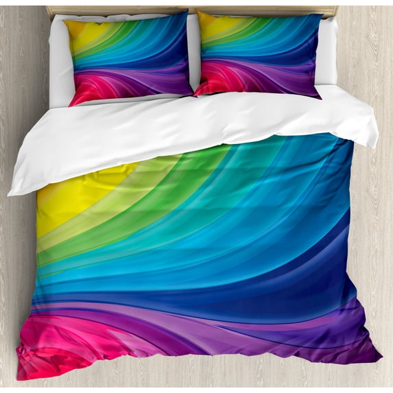 Abstract King Size Duvet Cover Set, Abstract Smooth Rainbow Inspired Curvy Lines Pattern Spiral Wavy Soft Spray Art, Decorative 3 Piece Bedding Set with 2 Pillow Shams, Multicolor, by Ambesonne