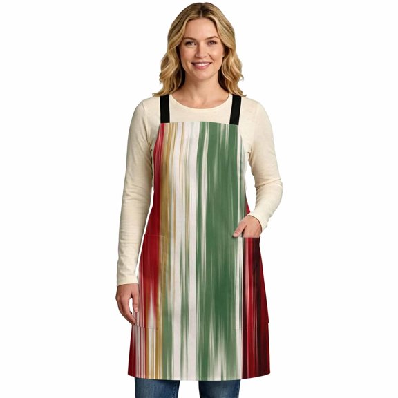 Abstract Kitchen Aprons for Women with 2 Pockets, 35"x47" Modern Vertical Emerald Green C Ruby Red Ream Stripes CrossBack Adjustable Straps Cooking Aprons, Bib Apron for Baking Gardening