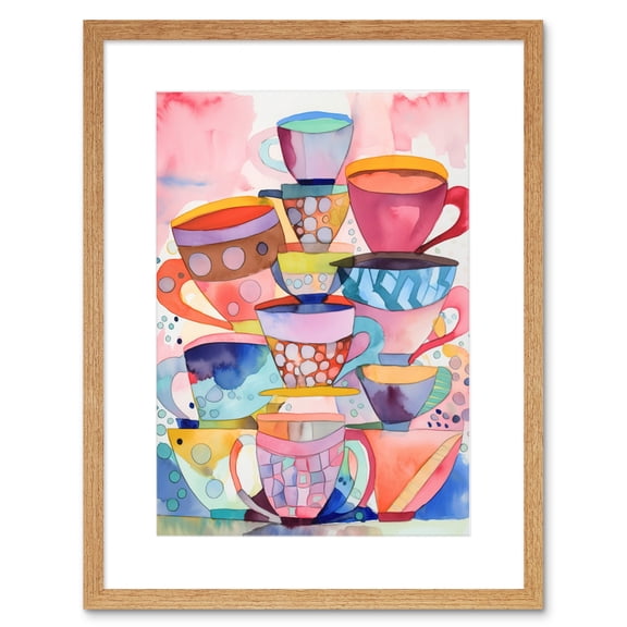 Abstract Kitchen Cups And Saucers Folk Art Artwork Framed Print Wall Art 9X7 Inch