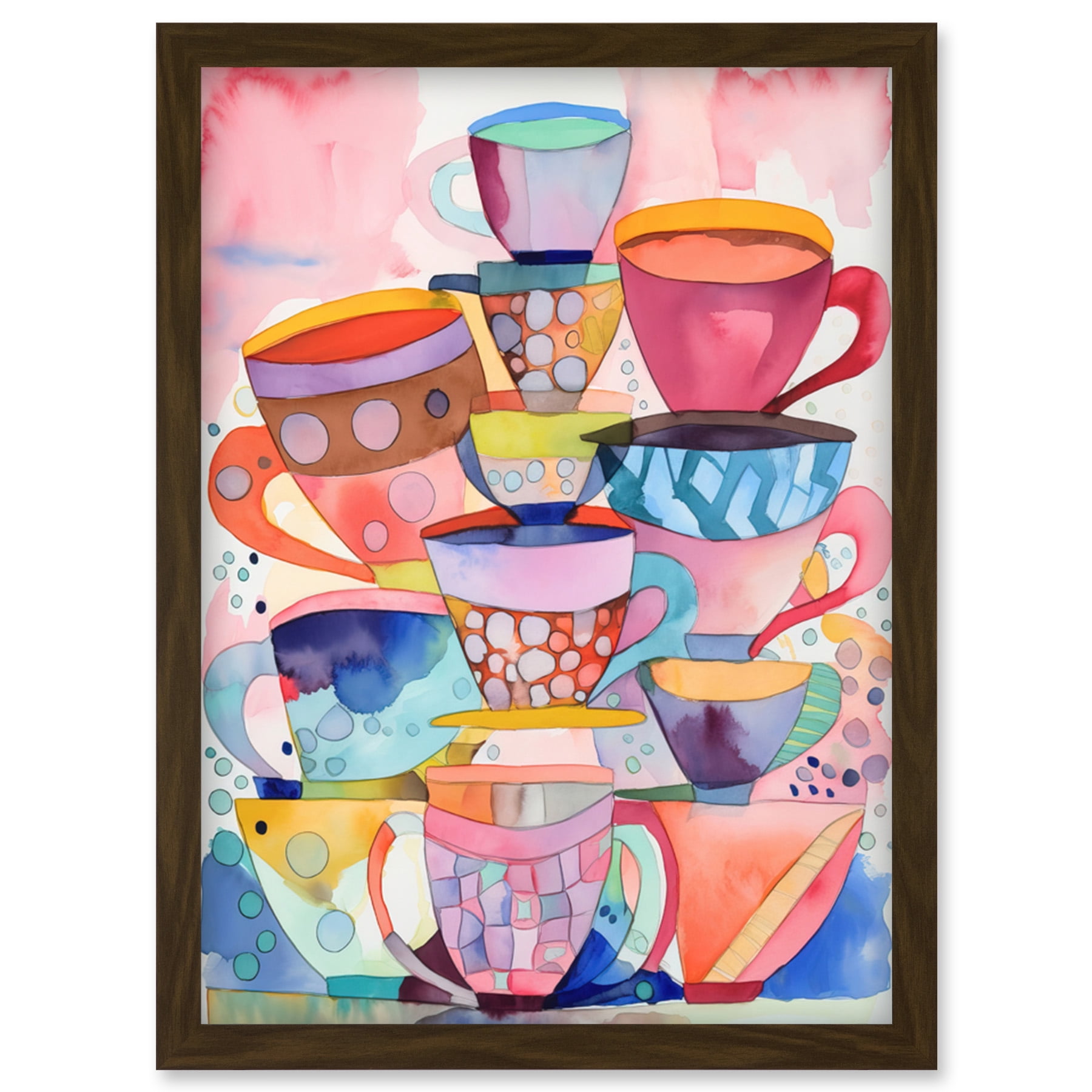 Abstract Kitchen Cups And Saucers Folk Art Artwork Framed Wall Art ...
