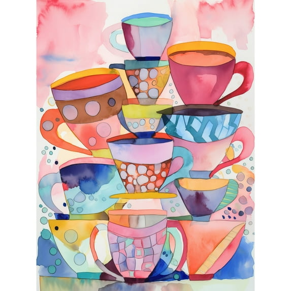 Abstract Kitchen Cups and Saucers Folk Art Extra Large XL Wall Art Poster Print