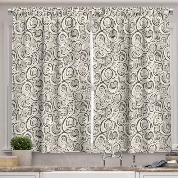 Abstract Kitchen Curtains, Contemporary Monochrome Swirly Waves Paint Print Autumn Mysteries, Window Drapes 2 Panel Set for Kitchen Cafe Decor, 55" x 36", Dusk Dark Taupe Off White
