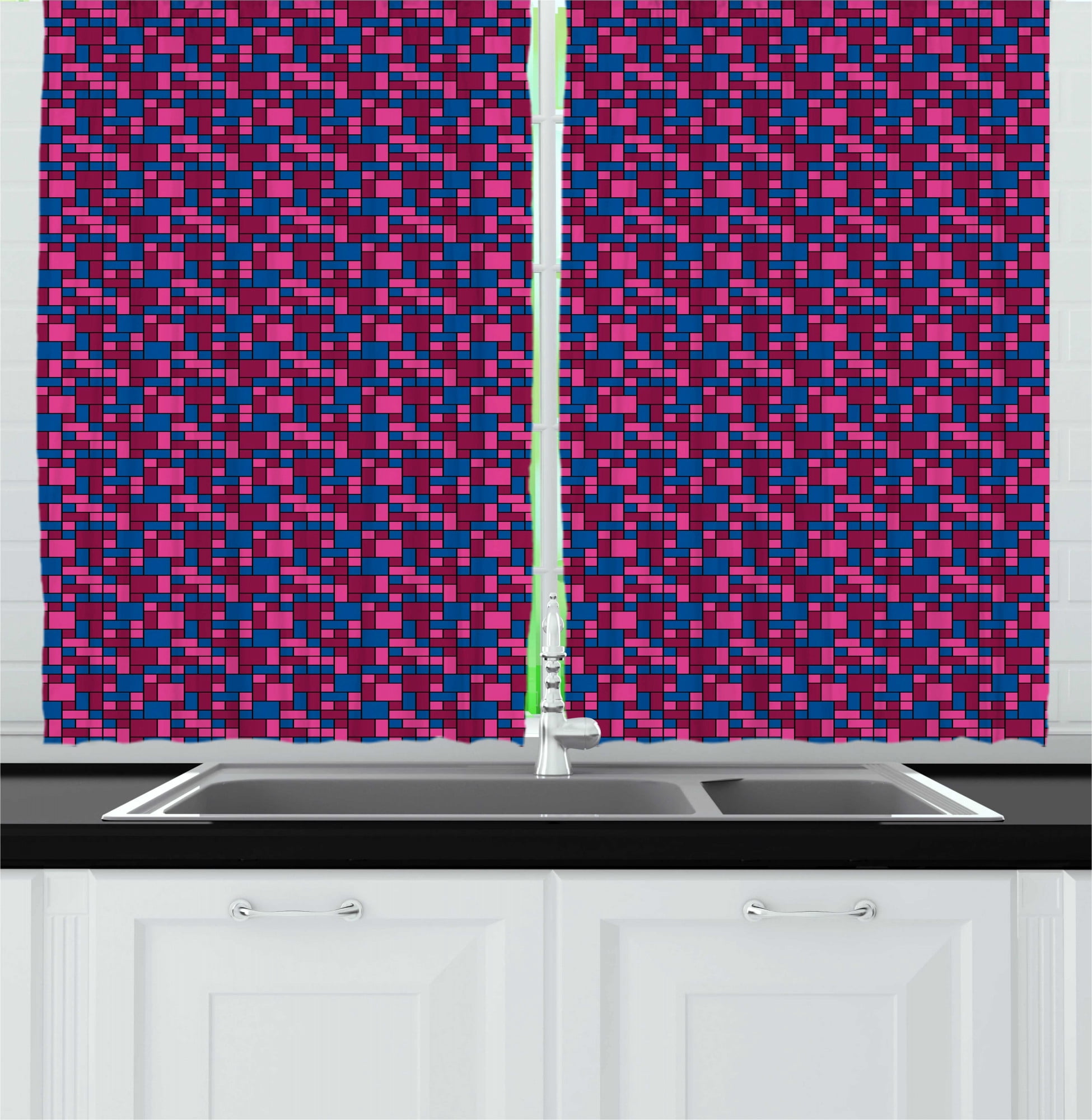 Abstract Kitchen Curtains, Illustration of Funky Geometric Grid Groovy ...