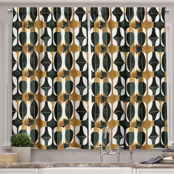 Abstract Kitchen Curtains, Modern Abstract Geometric Shapes with Vertical and Horizontal Lines, Window Drapes 2 Panel Set for Kitchen Cafe Decor, 55" x 39", Evergreen Umber Off White