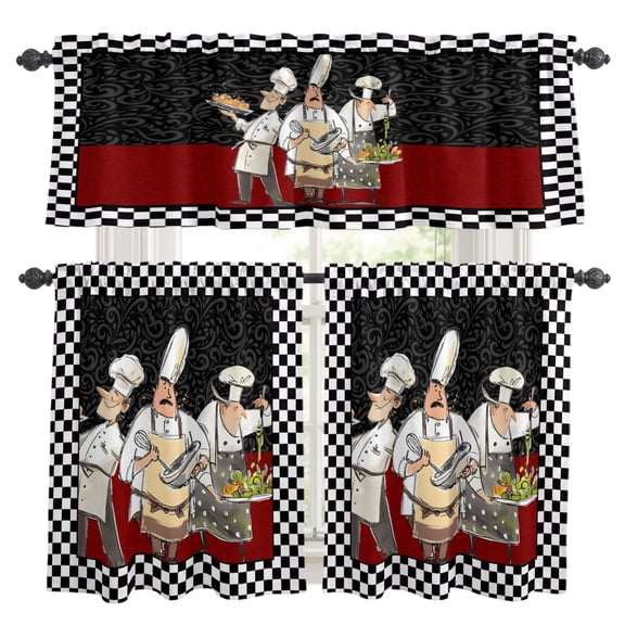 Abstract Kitchen Curtains Set for Windows, Cartoon Style Chef Black and White Checkered Border Curtains Valance and Tier 3 Piece Set Small Drapes 36 Inch Length for Kitchen Bedroom Decor