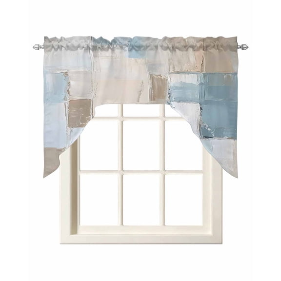 Abstract Kitchen Curtains Swag Valance for Windows/Bathroom/Cafe, Simple Geometric Blue Brown Colors Block Rod Pocket Drape Panel Swag Curtain Valance for Bedroom/Living Room 55''x36''