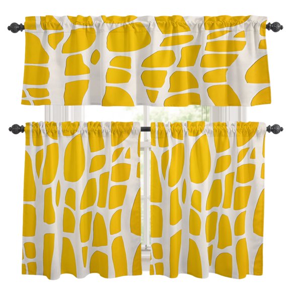 Abstract Kitchen Curtains Valance and Tier Set Modernism Yellow Color Block Line Pattern Rod Pocket Short Curtains for Small Window 3 Pieces Set for Bedroom Bathroom Cafe (54" x 18"+27" x 36")