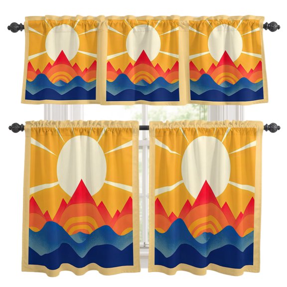 Abstract Kitchen Curtains Valance and Tier Set Sun Mountains Gradient Peaks Rays Hand Drawn Rod Pocket Short Curtains for Small Window 3 Pieces Set for Bedroom Bathroom Cafe (54" x 18"+27" x 36")