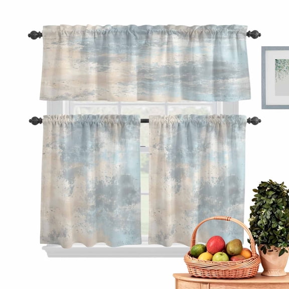 Abstract Kitchen Curtains Valances 3 Piece Set, Watercolor Teal Brown Gradient Rod Pocket Tier Curtain and Valance Drapes for Small Window 24 Inch Length for Bedroom Cafe