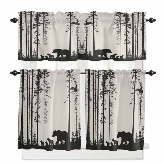 Abstract Kitchen Curtains and Valances Set, Bear Family Forest Trees Natural Scenery Silhouette Rod Pocket Window Valance Window Curtain Panels for Living Room Bedroom Laundry, 27.5x24in, 3 Pieces