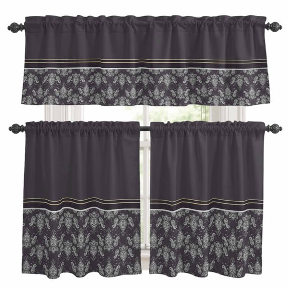 Abstract Kitchen Curtains and Valances Set, Retro Dark Gray Pesley Floral Pattern Stripes Rod Pocket Window Valance Window Curtain Panels for Living Room Bedroom Laundry, 27.5x24in, 3 Pieces