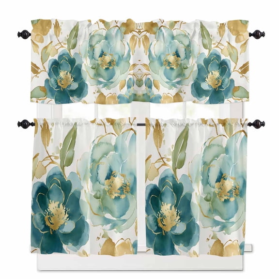 Abstract Kitchen Curtains Valances and Tiers Set of 3, 24 Inch Length Tier Curtains and Valance Rod Pocket Valance Curtains Set for Kitchen Bathroom Small Windows