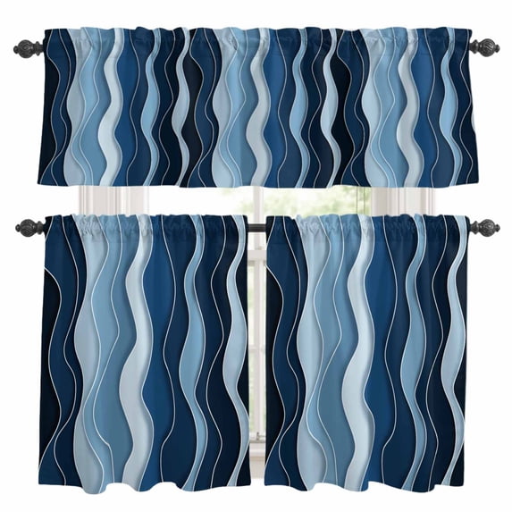 Abstract Kitchen Curtains Valances and Tiers Set of 3 Blue Gradient Waves Beach Lines Tier Curtains and Valance with Rod Pocket for Small Windows, 27.5"x36"