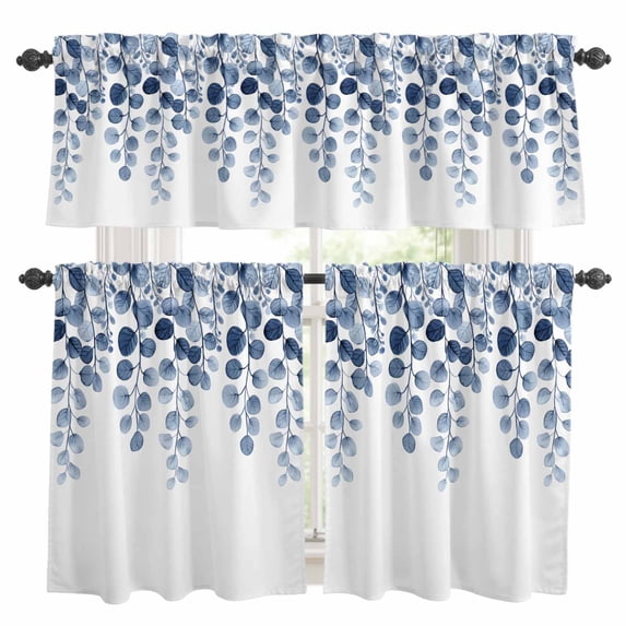 Abstract Kitchen Curtains Valances and Tiers Set of 3 Country Blue Eucalyptus Leaf Flora Plant Tier Curtains and Valance with Rod Pocket for Small Windows, 27.5"x24"