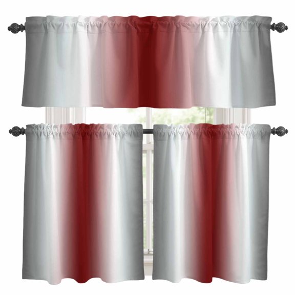Abstract Kitchen Curtains Valances and Tiers Set of 3 Dark Gray Red Gradient Ombre Tier Curtains and Valance with Rod Pocket for Small Windows, 27.5"x24"