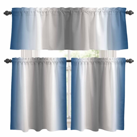Abstract Kitchen Curtains Valances and Tiers Set of 3 Lake Blue Gray Gradient Ombre Tier Curtains and Valance with Rod Pocket for Small Windows, 27.5"x24"