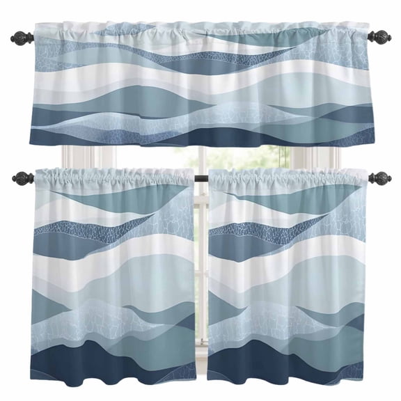Abstract Kitchen Curtains Valances and Tiers Set of 3 Sea Wave Geometric Blue Grey Gradient Water Ripple Tier Curtains and Valance with Rod Pocket for Small Windows, 27.5"x24"