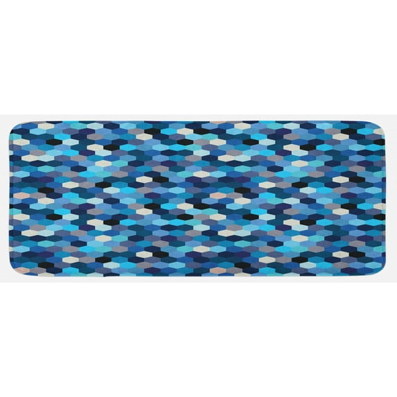 Abstract Kitchen Mat, Beecomb Like Rectangular Blurry Geometrical Image in Blue Tones and White Art, Plush Decorative Kitchen Mat with Non Slip Backing, 47" X 19", Multicolor, by Ambesonne