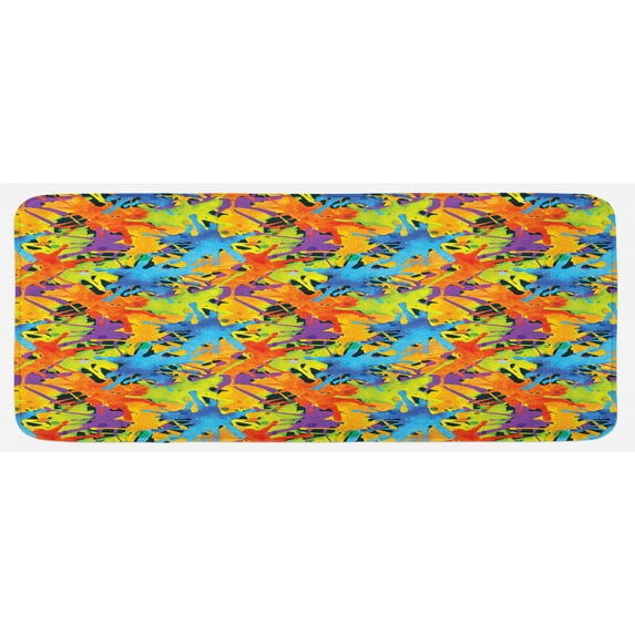 Abstract Kitchen Mat, Contemporary Style Color Splashes Vibrant Trippy Watercolor Palette Artisan Funky, Plush Decorative Kitchen Mat with Non Slip Backing, 47" X 19", Multicolor, by Ambesonne
