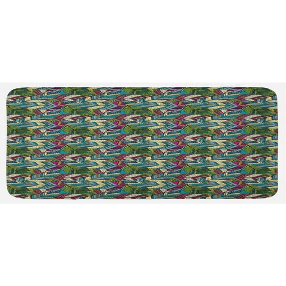 Abstract Kitchen Mat, Exotic Feather Pattern Colorful Design Motifs Dots and Swirls Quills, Plush Decorative Kitchen Mat with Non Slip Backing, 47" X 19", Teal Purple Cream, by Ambesonne