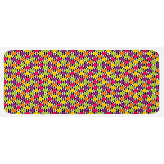 Abstract Kitchen Mat, Funky Modern Colorful Diamond Shapes with Bicolor Stripes Retro Style Pattern, Plush Decorative Kitchen Mat with Non Slip Backing, 47" X 19", Multicolor, by Ambesonne
