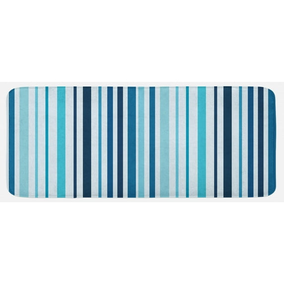 Abstract Kitchen Mat, Vertical Striped Pastel Toned Color Bands Lines Background Nautical Design, Plush Decorative Kitchen Mat with Non Slip Backing, 47" X 19", Sky and Dark Blue, by Ambesonne