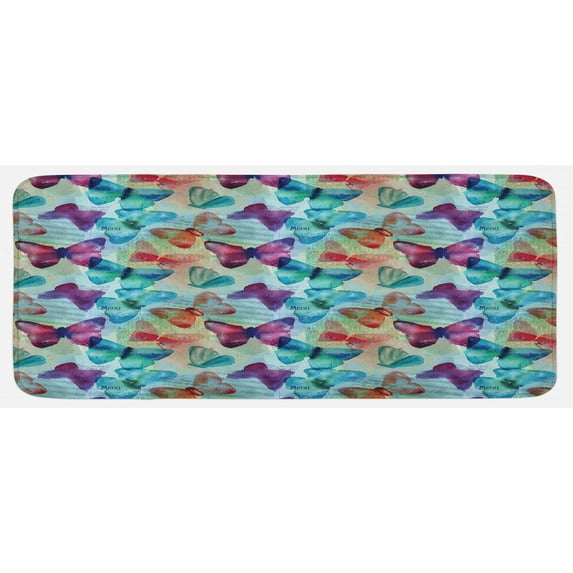 Abstract Kitchen Mat, Watercolor Rainbow Colored Butterflies and Letterings Music Notes Art Print, Plush Decorative Kitchen Mat with Non Slip Backing, 47" X 19", Multicolor, by Ambesonne