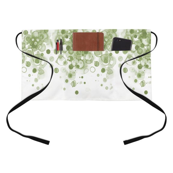Abstract Kitchen Restaurant Half Waist Apron, Green Gradient Watercolors Ink Points Minimalist Style Server Short Apron with 3 Pockets Waterproof Oil Waist Aprons for Women Waitress Waiter