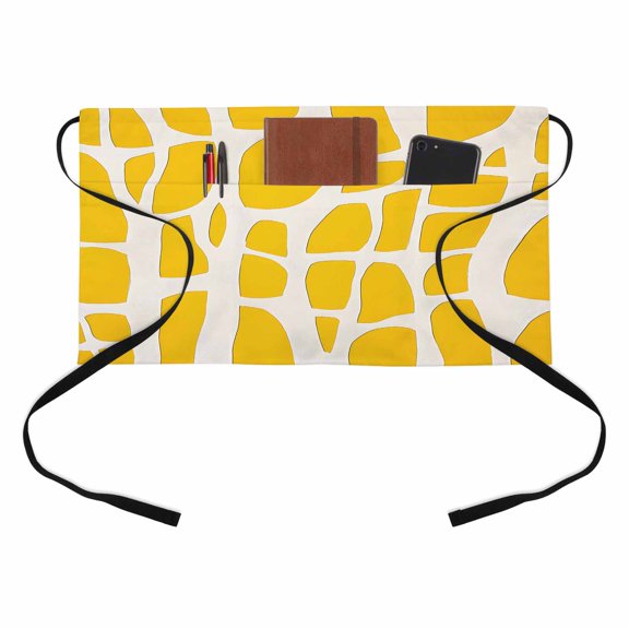 Abstract Kitchen Restaurant Half Waist Apron, Modernism Yellow Color Block Line Pattern Server Short Apron with 3 Pockets Waterproof Oil Waist Aprons for Women Waitress Waiter