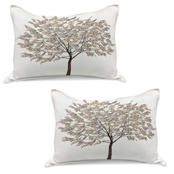 Abstract Knitted Quilt Pillowcover Set of 2, Digitally Generated Surreal Riches Tree with Money Shape Leaves on Plain Backdrop, Standard Queen Pillow Sham Bedroom, 30" x 20", Multicolor, by Ambesonne
