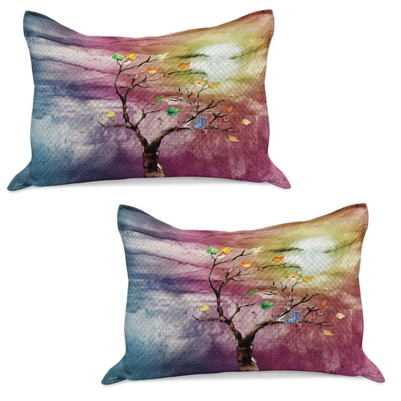 Abstract Knitted Quilt Pillowcover Set of 2, Owl Bird on Autumn Tree with Colorful Watercolor Background Print, Standard Queen Pillow Sham Bedroom, 30" x 20", Multicolor, by Ambesonne