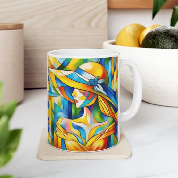 Abstract Lady In Sundress And Hat Art Print On Ceramic Coffee Tea Cup Mug, oz, oz Work Gift Present Not ld In Stores.