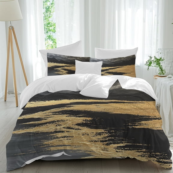 Abstract Landscape 4 Piece Duvet Cover Set Queen Size Black Mountains Gold River Valley Soft Bedding Set Comforter Cover, 1 Duvet Cover 1 Flat Sheets and 2 Pillowcases