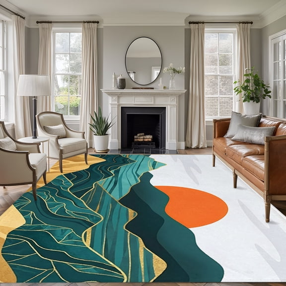 Abstract Landscape 8'x10' Large Area Rug for Living Room Sectional Sofa, Mountain Peaks Hills Sun Boho Washable Non Slip Low Pile Rectangle Area Rug
