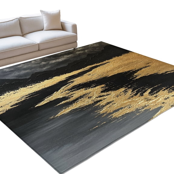 Abstract Landscape Area Rugs 5x7ft Black Mountains Gold River Valley Floor Rug Non Slip Low Pile Ultra Soft Throw Carpet for Entryway Indoor Entrance Kitchen Bathroom