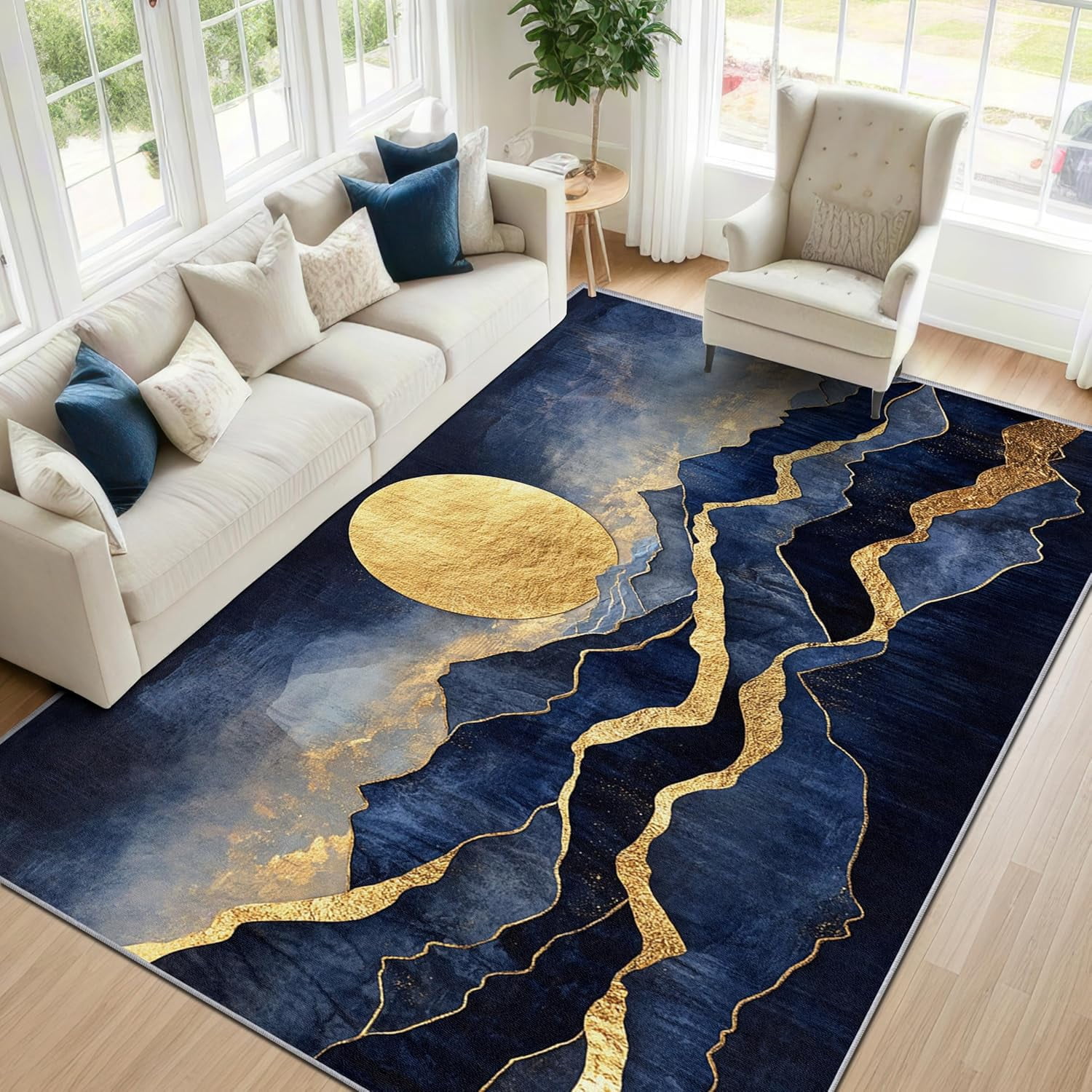 Abstract Landscape Area Rugs, Gold Moon Mountain Carpet, Washable Non ...