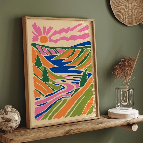 Abstract Landscape Art Colorful Sunset River Valley, Unframed Paper Poster 8x10in