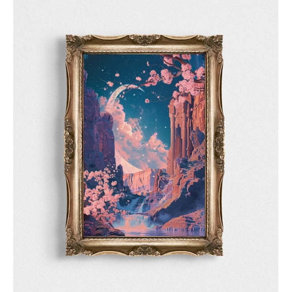 Abstract Landscape Art, Moody Dark Academia Aesthetic Starry Poster, Blue Landscape Night Sky, Vintage Crescent Moon Dark Art, 12x18 UNFRAMED