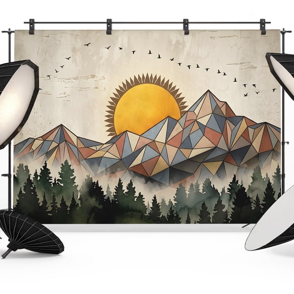 Abstract Landscape Backdrop for Photography, Geometric Mountains Sun Bird Forest Photo Backdrop Portrait Background Party Banner Photo Backgrounds for Studio Booth Props, 7x5ft