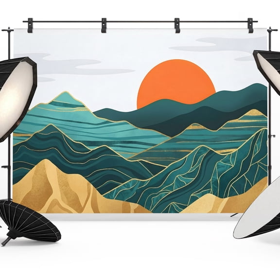 Abstract Landscape Backdrop for Photography, Mountain Peaks Hills Sun Boho Photo Backdrop Portrait Background Party Banner Photo Backgrounds for Studio Booth Props, 7x5ft