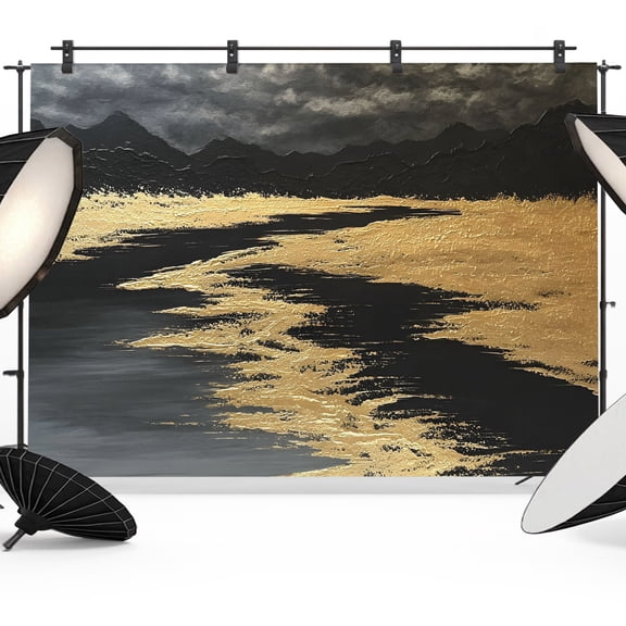 Abstract Landscape Backdrops for Photography, Black Mountains Gold River Valley Fabric Photo Background Sturdy Studio Props for Photo Studio, Video Recording, Booth & Photoshoot 7x5ft