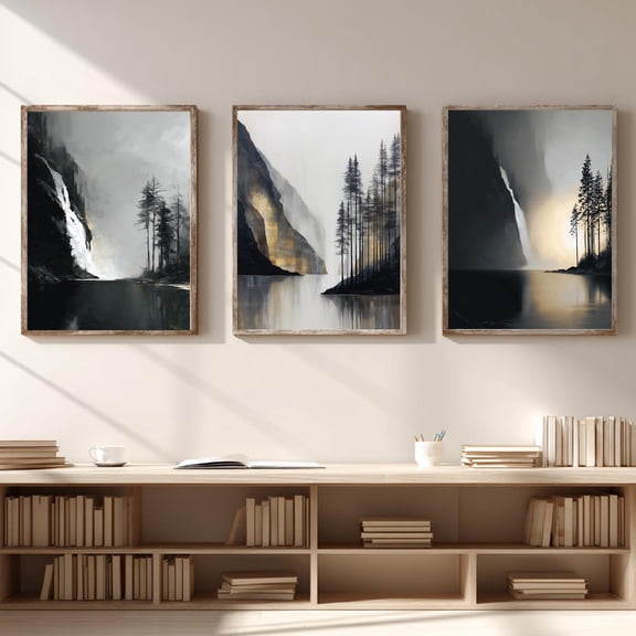 Abstract Landscape Black White Mountain Waterfall Canvas Painting Print Wall Art for Living Room Bedroom Decoration Frameless