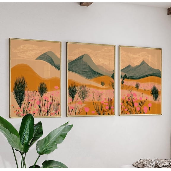 Abstract Landscape Botanical Warm Earth Tones Modern Triptych Art Set 3 Stretched Canvas 8x12