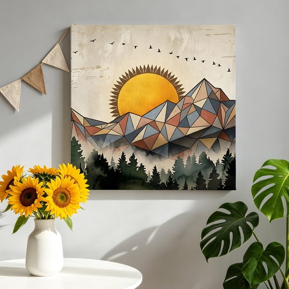 Abstract Landscape Canvas Wall Art, Geometric Mountains Sun Bird Forest Pictures Wall Decor Wooden Framed Artwork Art Prints for Living Room Hallway Bedroom Office 8"x8"