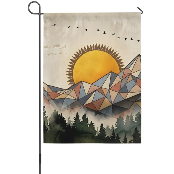 Abstract Landscape Garden Flag 12 x 18 Inches, Geometric Mountains Sun Bird Forest Weather Proof Outdoor Patio Flags Double Sided Small Garden Decoration for Yard Outside Home