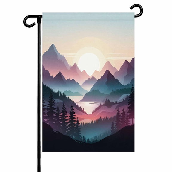 Abstract Landscape Mountain Sunrise Garden Flags for Outside Blue Forest Tree River Double Sided Yard Flags Outdoor House Decoration, Small 12X18 Inch,