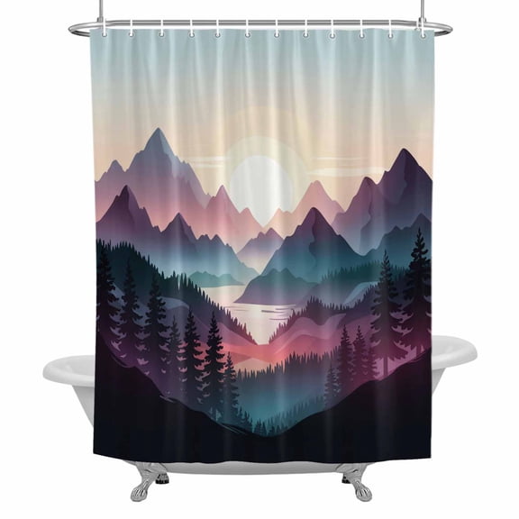 Abstract Landscape Mountain Sunrise Shower Curtain Set with Hooks, Blue Forest Tree River Waterproof Fabric Bathroom Curtains Decor Home Accessories,Stall 36 X 72 Inch